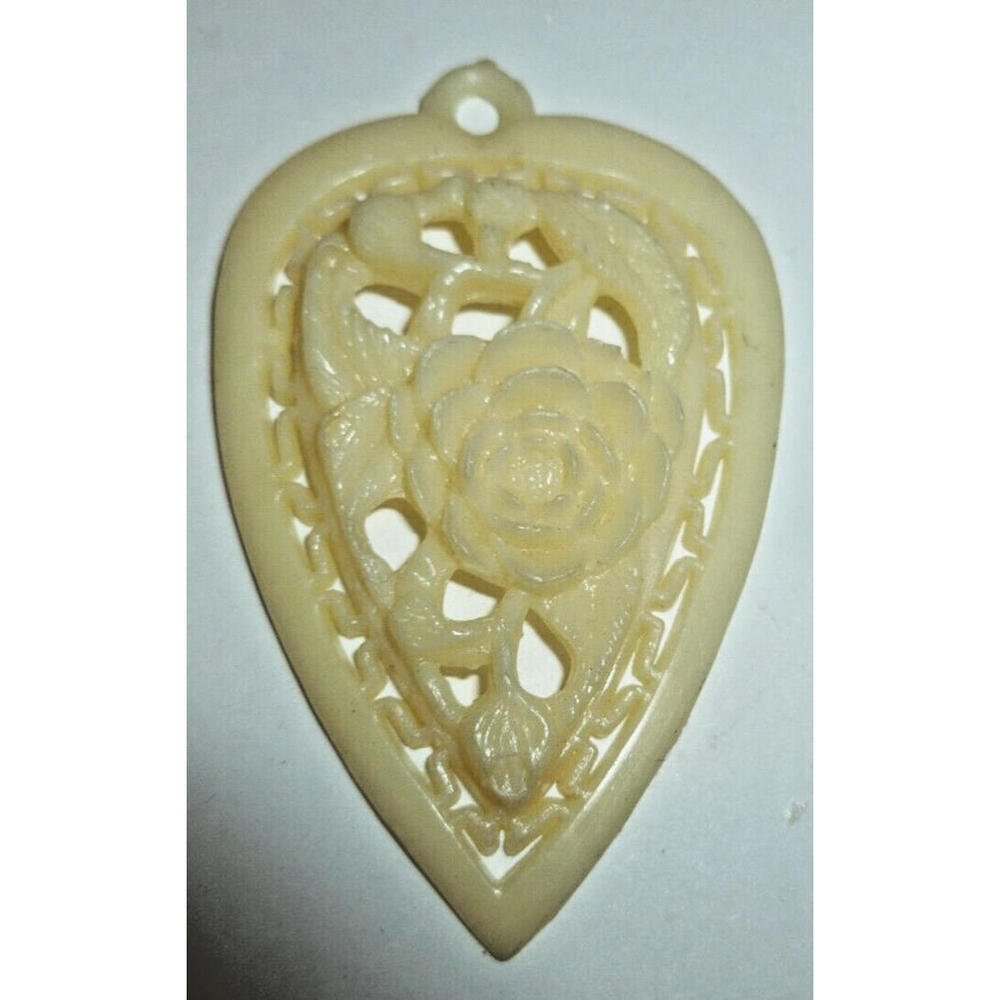 Vintage Large Celluloid Hand Carved Pendant Made‎ in Hong Kong Collectible